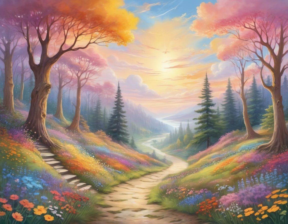 A whimsical illustration of a vibrant, enchanting forest filled with colorful trees and flowers, a winding path leading through it. Along the path, there are playful creatures like whimsical fairies and friendly animals encouraging a sense of inspiration. The sky is painted with pastel clouds and a bright sun casting a golden glow over the scene. Elements of a personal blog, like an open journal and quill, should be incorporated next to the path. vibrant colors. creative art style.