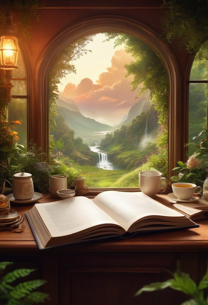 A captivating scene featuring an open notebook surrounded by vivid illustrations of fantastical characters and landscapes emerging from the pages, symbolizing the power of storytelling. Soft, warm lighting enhances the inviting atmosphere, with lush greenery and whimsical elements in the background. Include a cozy setting with a steaming cup of tea beside the notebook, evoking a sense of comfort and creativity. super-realistic. vibrant colors. warm tones.