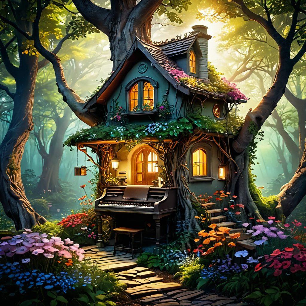 A mesmerizing landscape blending elements of fantasy and reality, featuring a whimsical treehouse perched in an ancient, enchanted forest. Below, a path lined with colorful flowers leads to a cozy, inviting writing nook with a vintage typewriter and open notebook. An ethereal touch of sunlight filters through the leaves, casting magical sparkles. The atmosphere is warm and inspiring, inviting creativity and imagination. illustration. vibrant colors. magical realism.